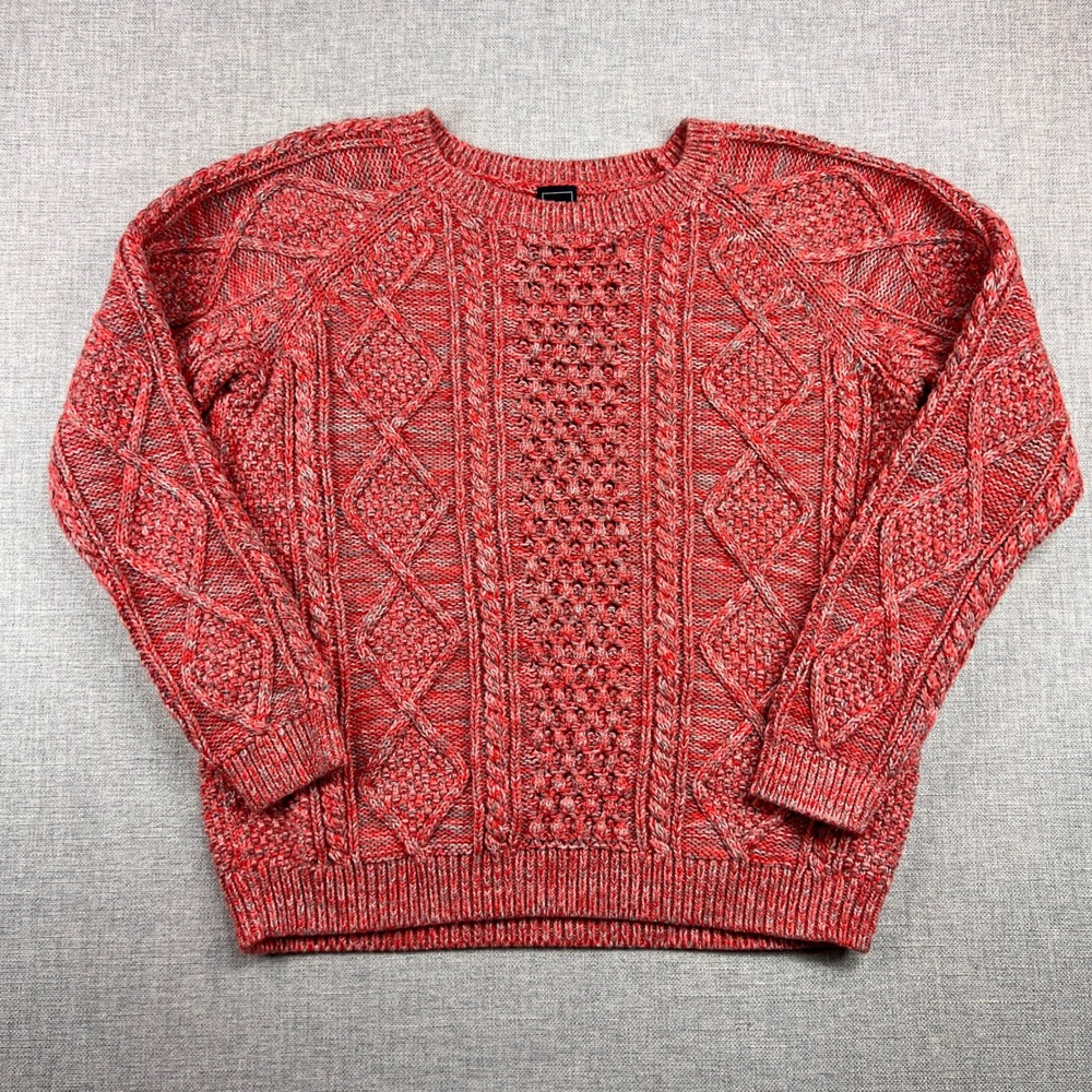 GAP Aran Cable Knit Fisherman Sweater Women Large Pink Marled Cotton‎ Heritage